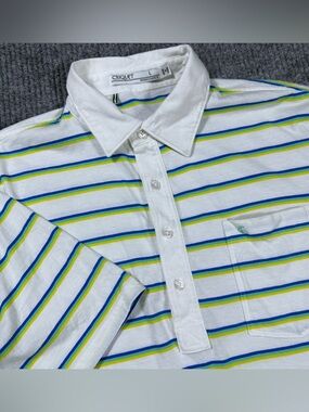 Criquet Shirt White Yellow Blue Striped Mens Polo Size L Pocket Organic Cotton